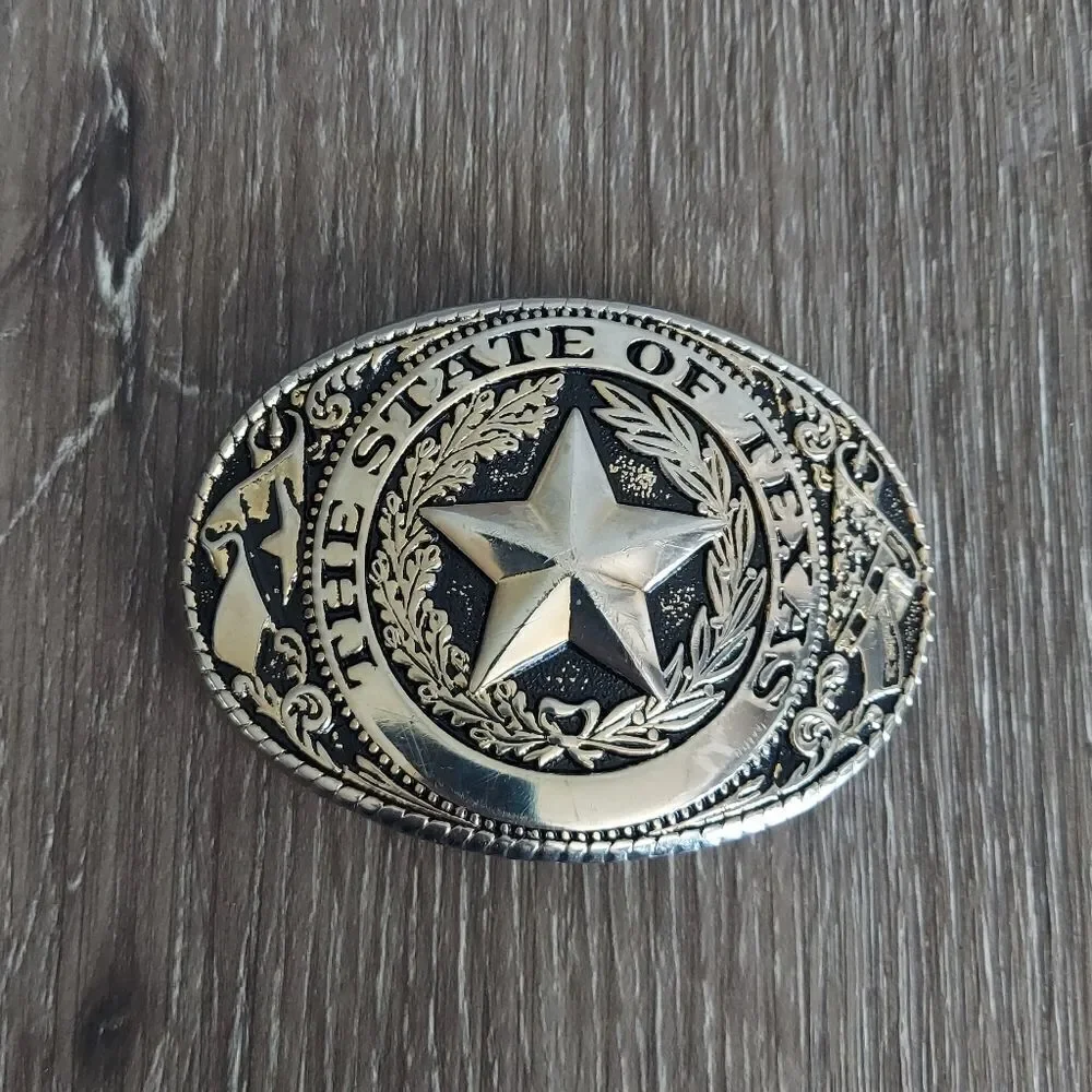 Oval Shaped State Of Texas Silver Belt Buckle Made in USA
